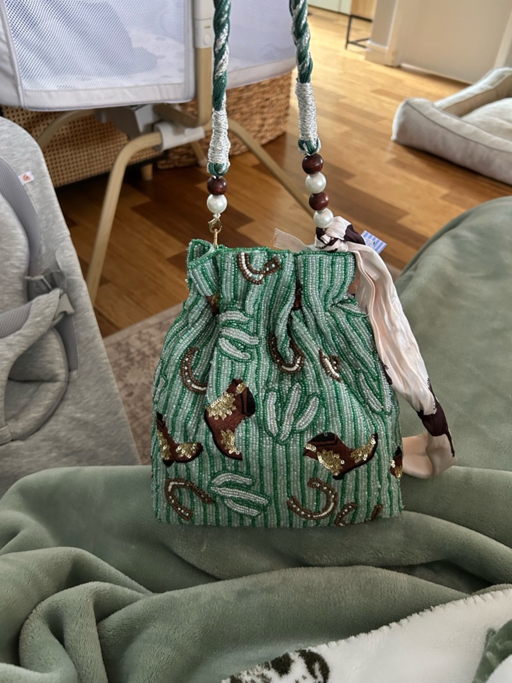 Western theme Beaded Drawstring Bag